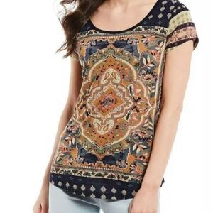 Lucky Brand Persian Blanket Blue Cream Boho Festival Ethnic Cotton Graphic Top